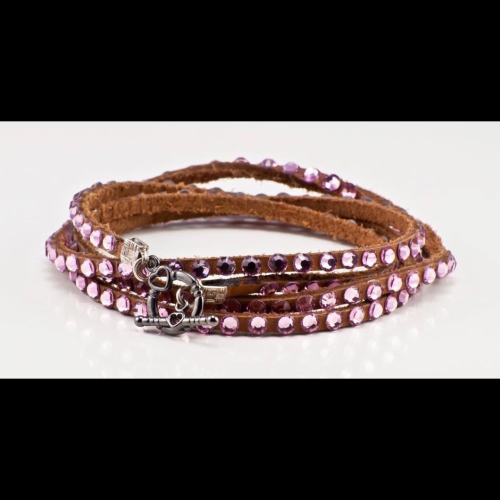 Pink Swarovski crystal bracelet in tan leather